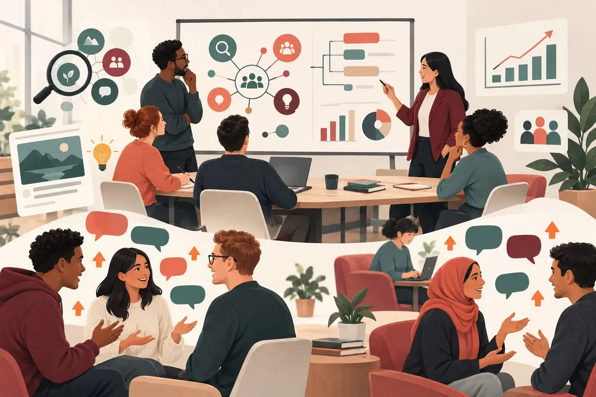 A marketing team plans a strategy while people share ideas in a community discussion.