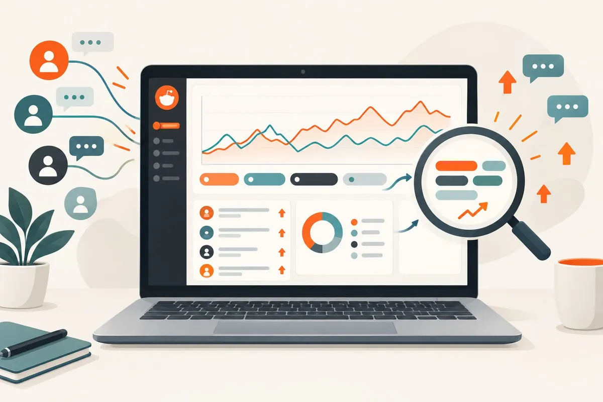 A laptop displays an analytics dashboard tracking trends in online discussions.