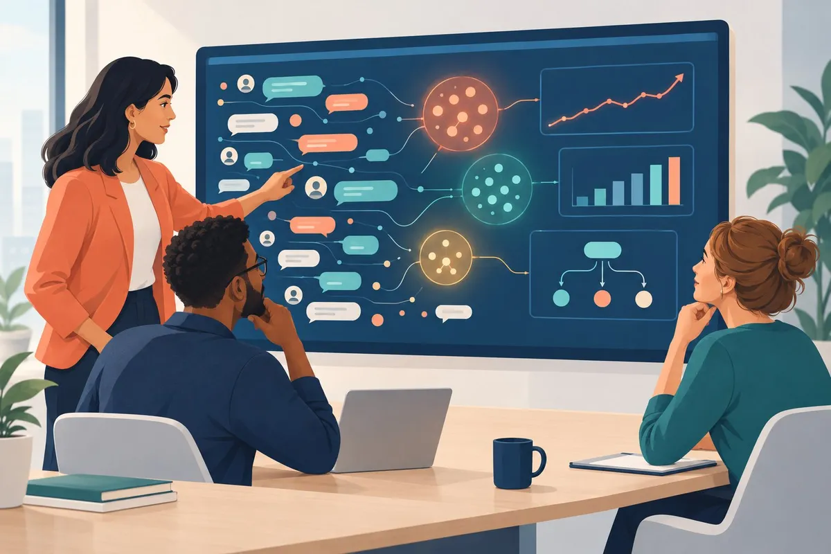 Three professionals review community discussion patterns and trends on a shared dashboard.