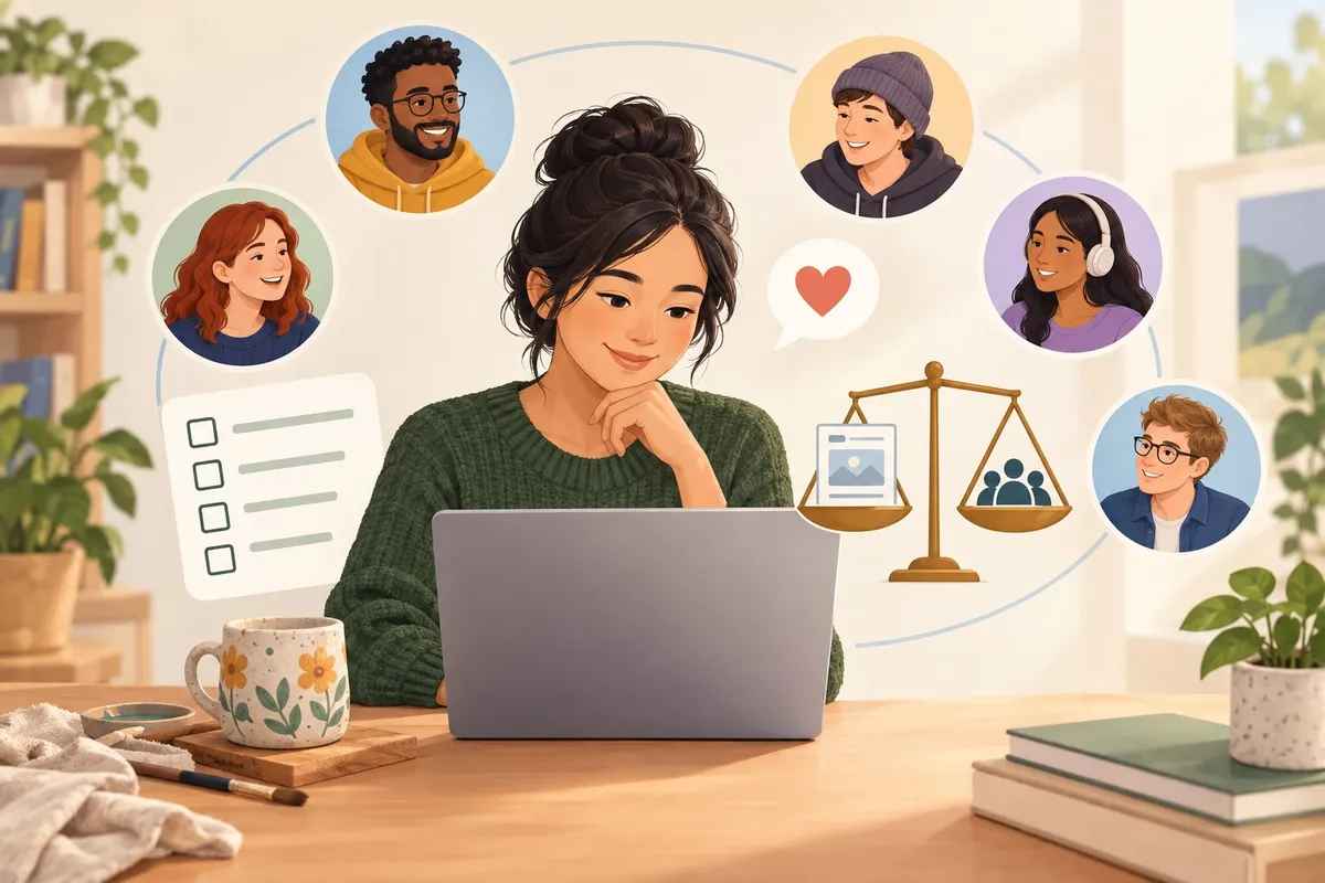 A creator prepares a post on a laptop while community members and symbols of fairness and helpful participation surround them.