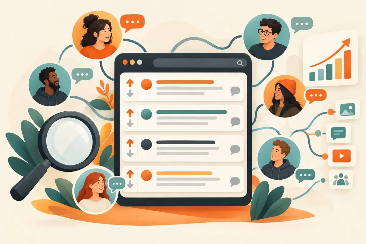 A discussion community interface connected to search and analytics symbols.