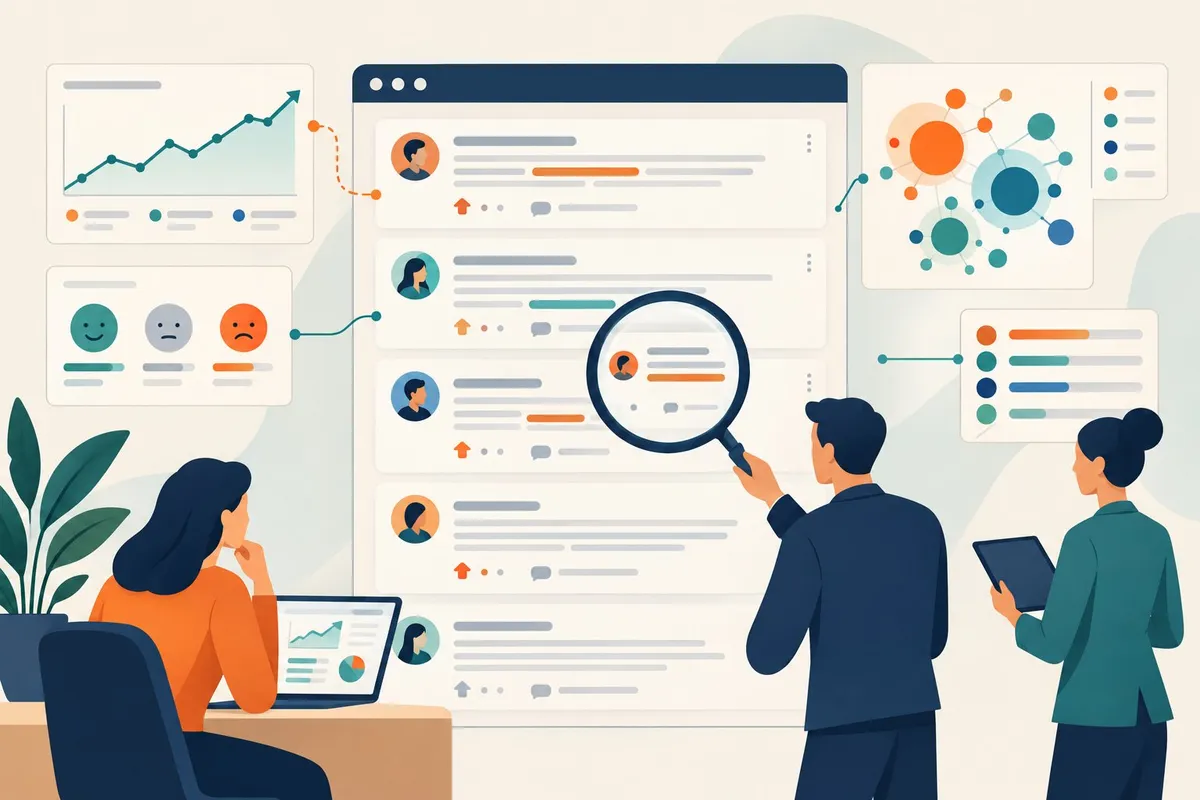 Analysts examine an online discussion feed alongside charts and conversation indicators.