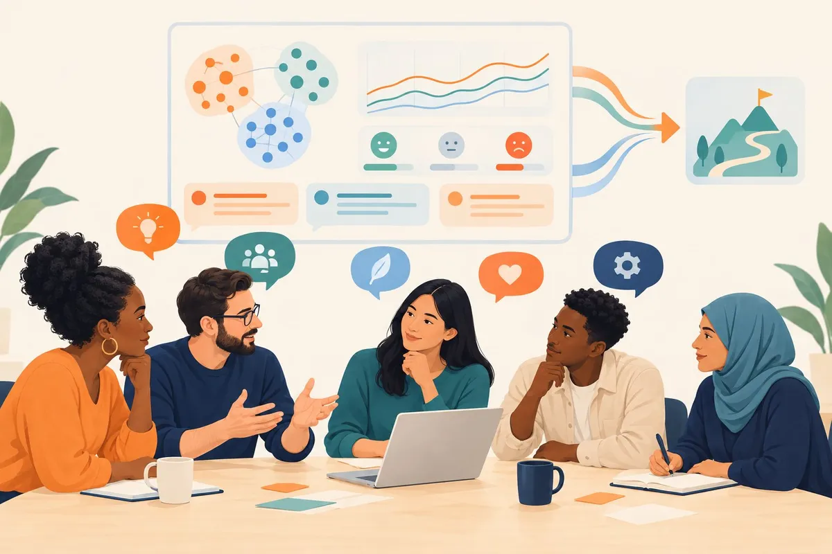 Community members discuss feedback around a table while a dashboard brings their ideas together.
