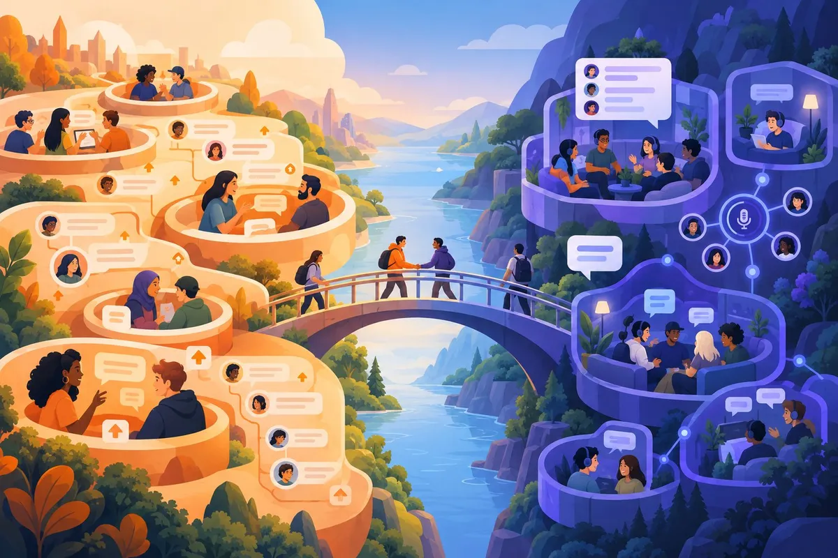 Two online communities connect at a bridge, with a large discussion forum on one side and smaller chat groups on the other.