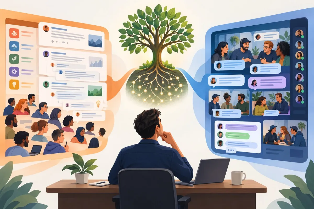 A business owner compares two online communities as both paths lead toward a growing tree.