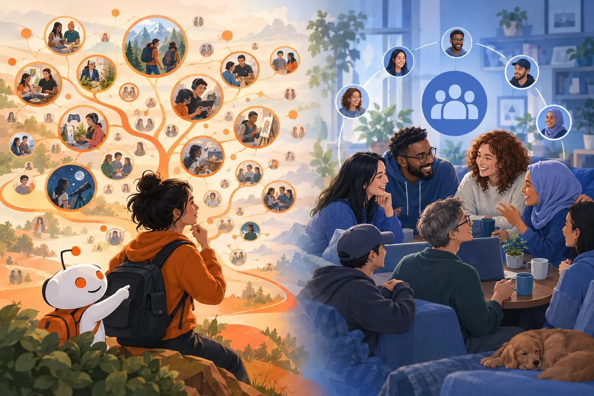A person explores many interest-based communities while another group of familiar people connects closely.