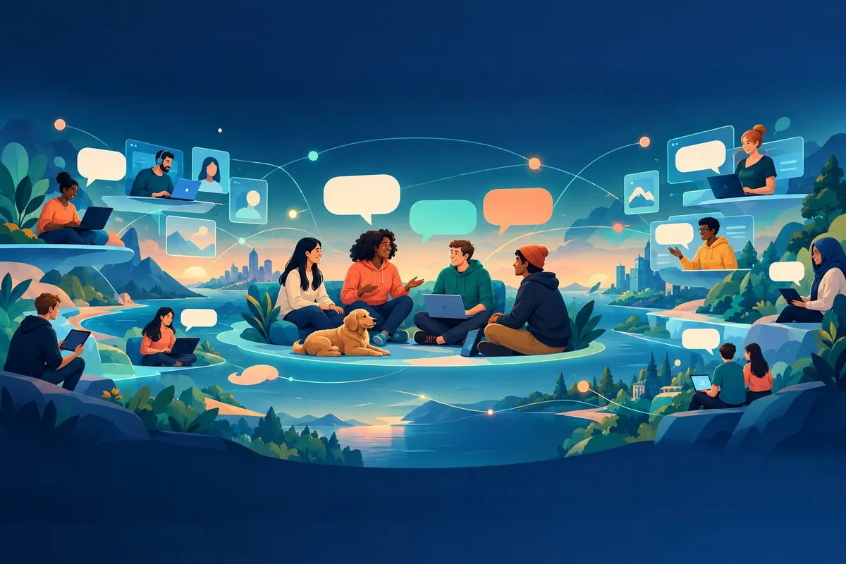 A group of people connected across a wide digital community scene.