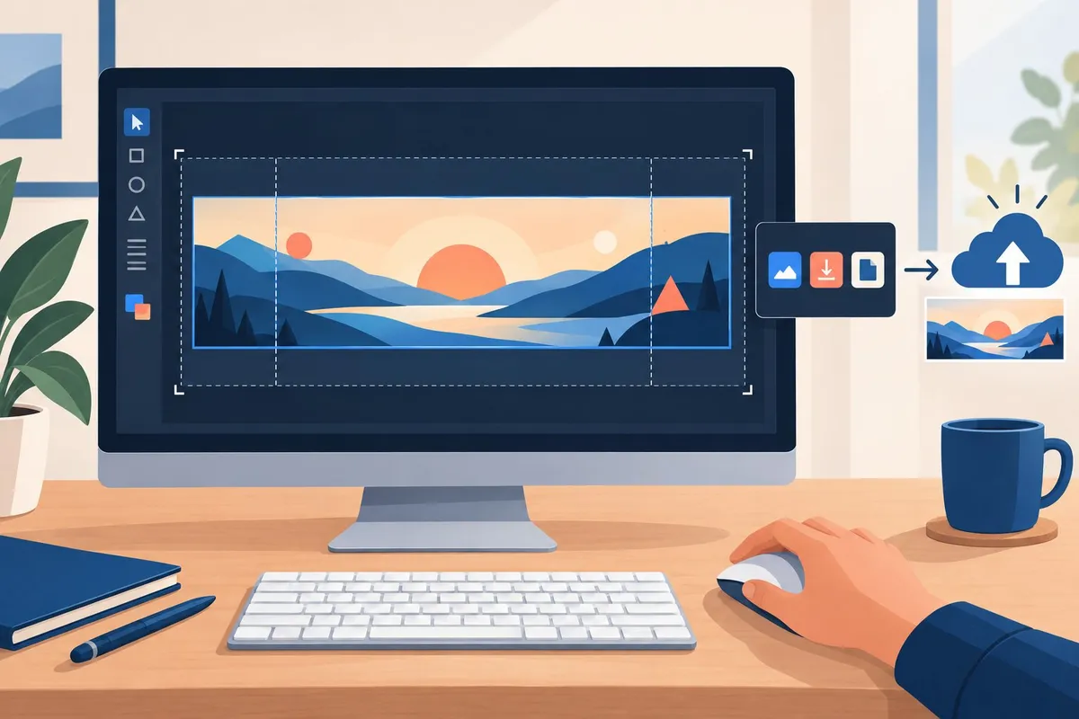 A designer prepares a wide banner on a computer and uploads it to the cloud.