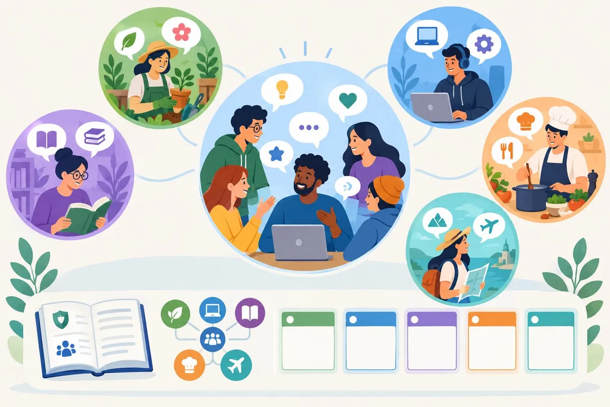 People sharing ideas in an online community surrounded by themed groups and topic icons.