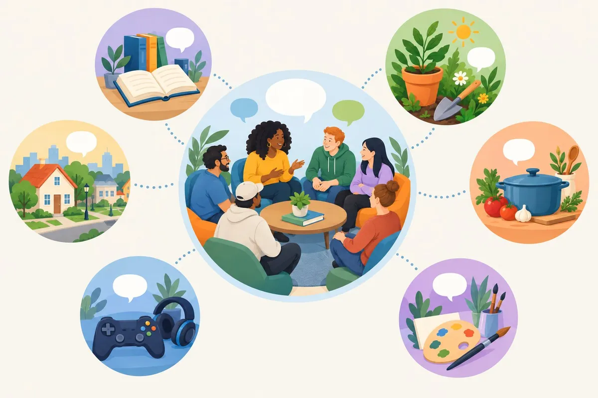 People gather in an online community hub connected to spaces for books, gardening, cooking, gaming, neighborhood life, and art.
