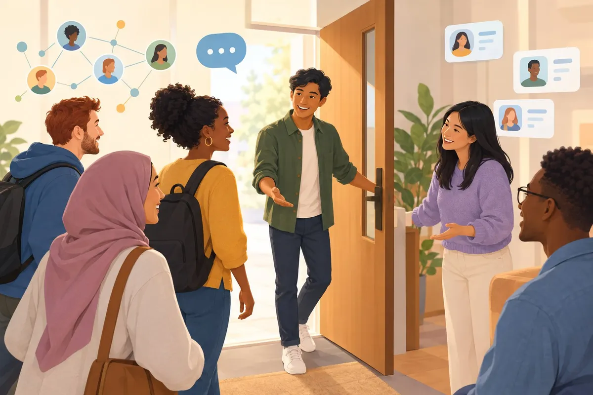 A group of people welcomes others through an open doorway.