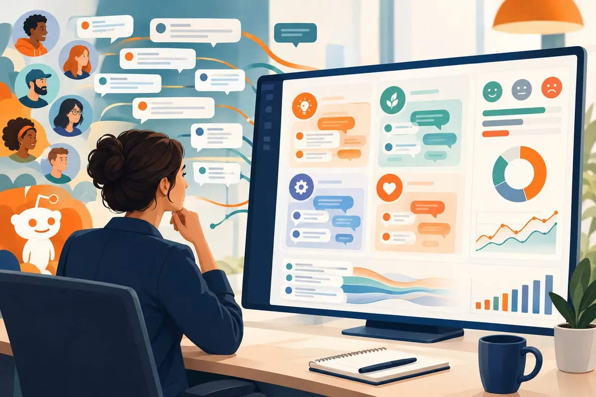 A researcher reviews online discussions grouped into themes and customer sentiment.