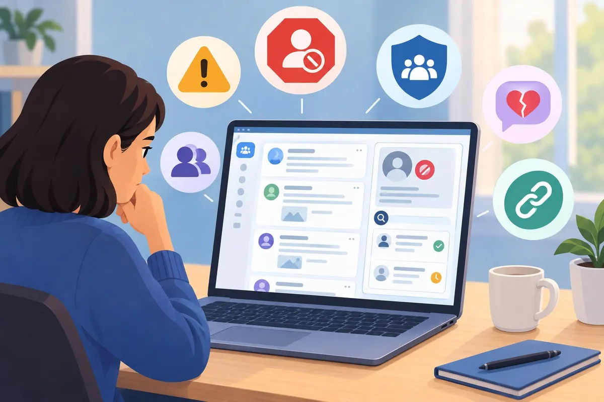 A person looks at a laptop displaying a community account under review, surrounded by symbols of rules, warnings, spam, and harmful behavior.