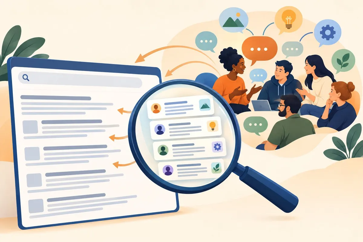 People share ideas in an online discussion community while a search window displays discussion cards.